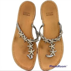 Stuart Weitzman, Silver Starfish Flat Sandals, 7.5 N Leather Footbed